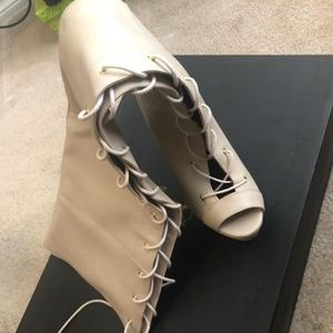 Abez Cream Faux Leather Lace Up Open Toe OTK Boots